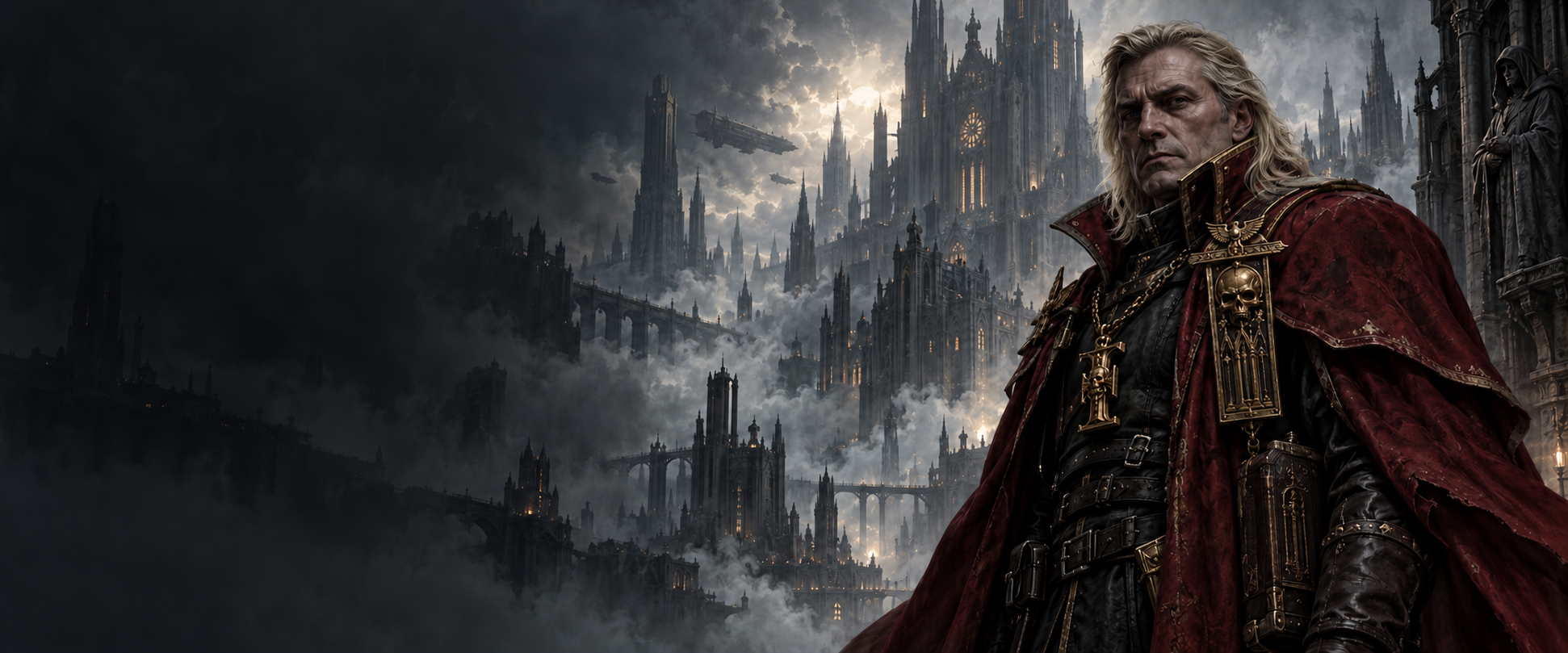Original fan illustration of Gregor Eisenhorn with long fair hair and an oxblood cloak, before a mist-shrouded gothic city